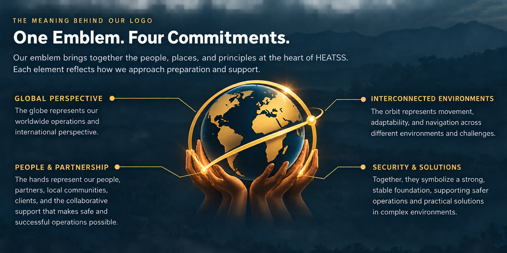 One Emblem. Four Commitments. Our emblem brings together the people, places, and principles at the heart of HEATSS. Each element reflects how we approach preparation and support. Global Perspective: The globe represents our worldwide operations and international perspective. Interconnected Environments: The orbit represents movement, adaptability, and navigation across different environments and challenges. People and Partnership: The hands represent our people, partners, local communities, clients, and the collaborative support that makes safe and successful operations possible. Security and Solutions: Together, they symbolize a strong, stable foundation, supporting safer operations and practical solutions in complex environments.